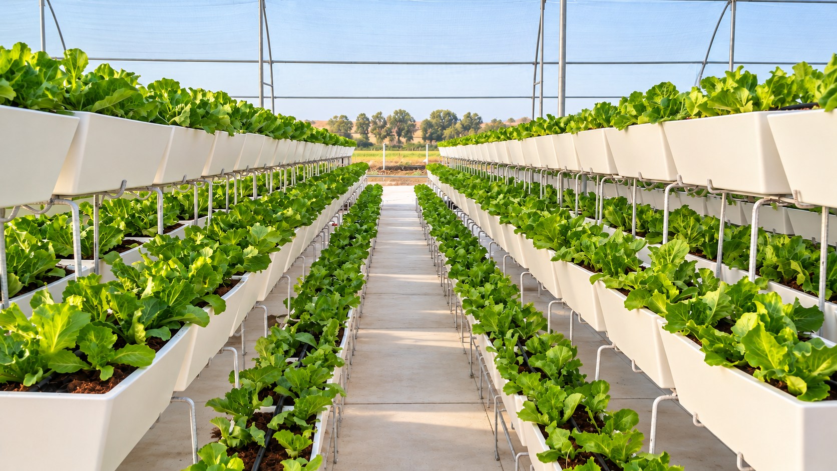 Clean rows of leafy greens inside a Triton Foodworks protected growing facility