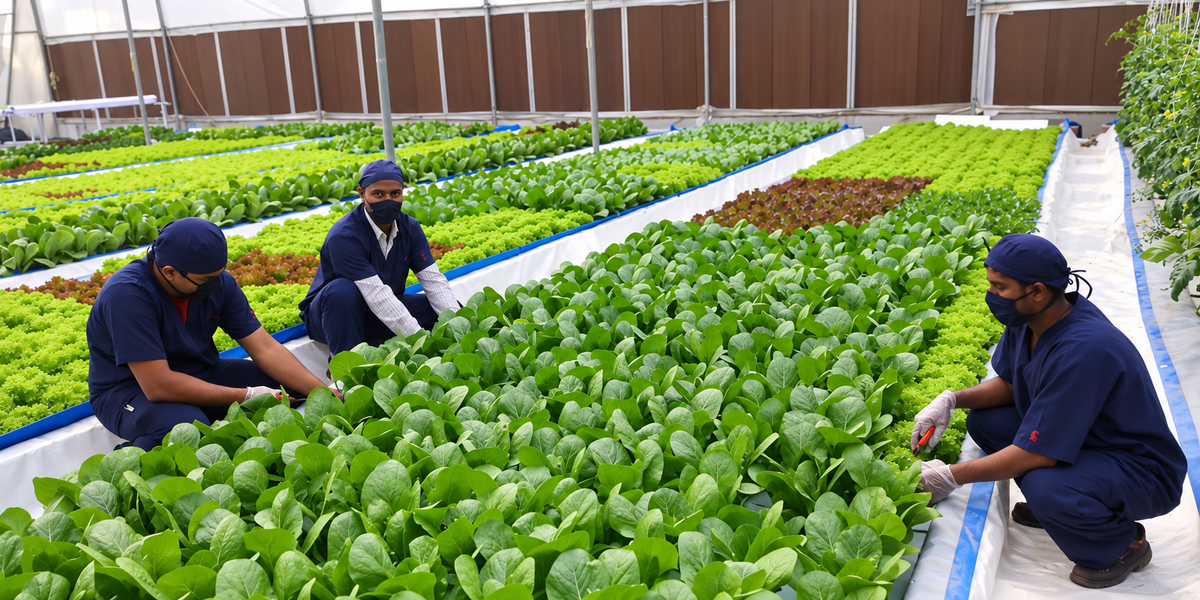 Farm team working among leafy greens in a protected growing facility